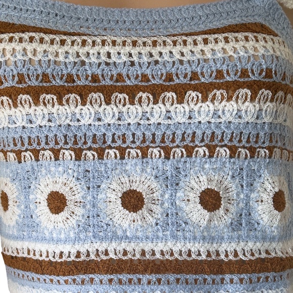 ALTAR'D STATE Crochet Knit Crop Top Floral Tie Straps Shirt Strappy Sky Blue - Picture 9 of 15